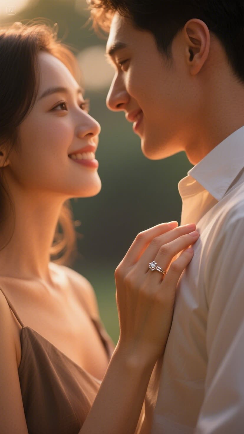 Happy engaged couple in golden hour light, woman showing beautiful engagement ring