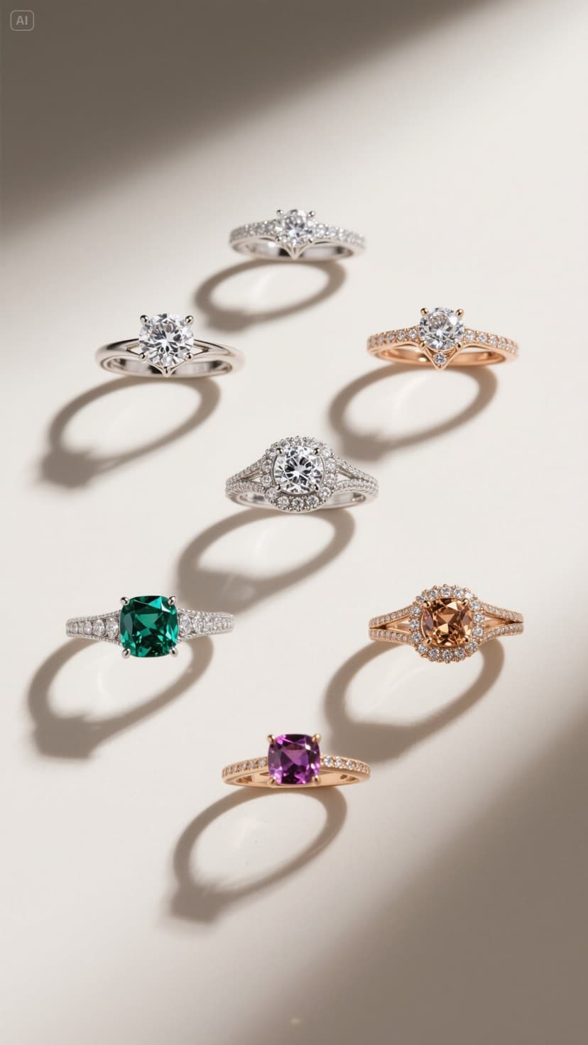 Collection of various engagement rings with different gemstones and styles