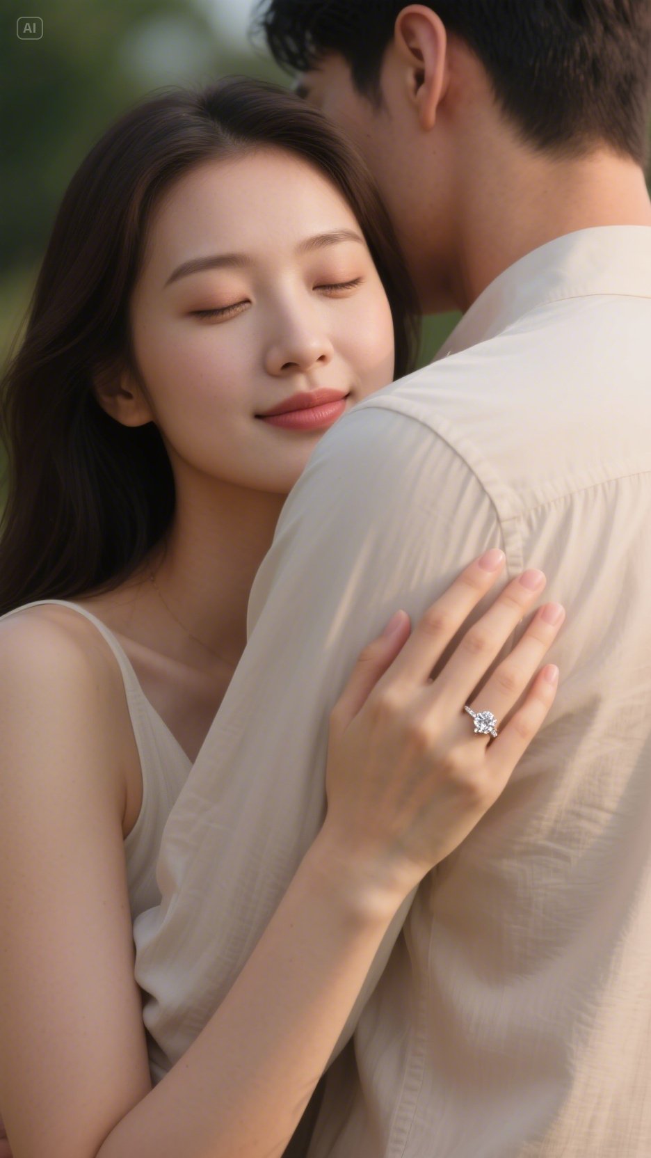 Romantic couple embracing with woman showing engagement ring