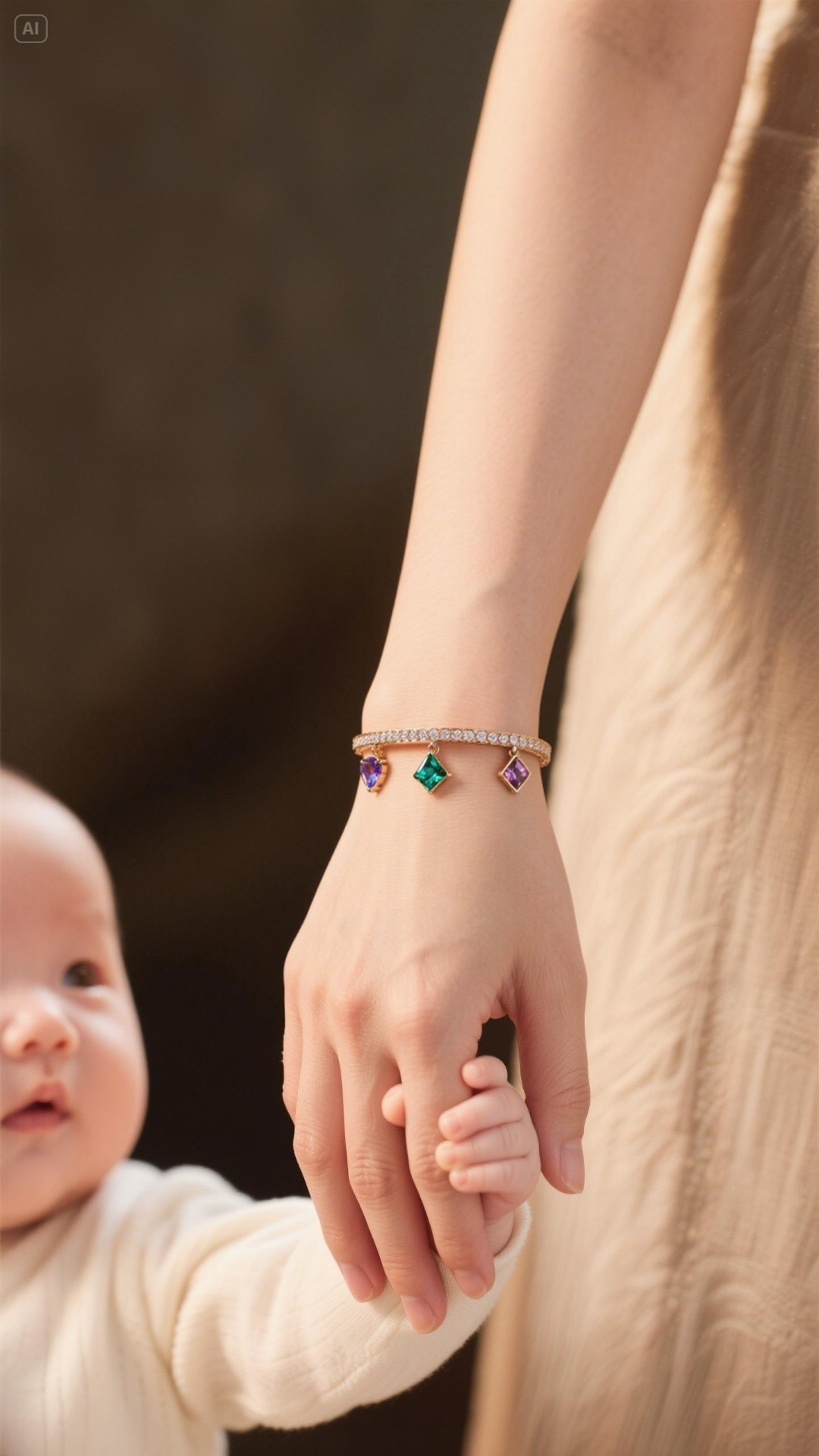 Mother wearing colorful gemstone bracelet with baby