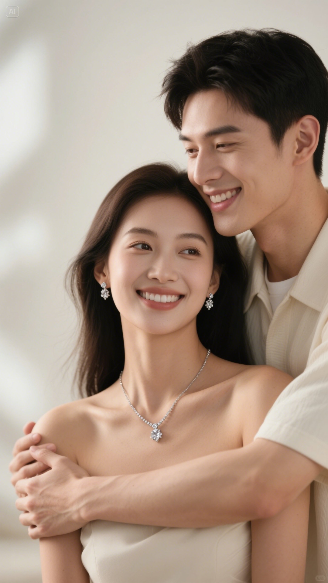 Happy couple wearing elegant diamond jewelry
