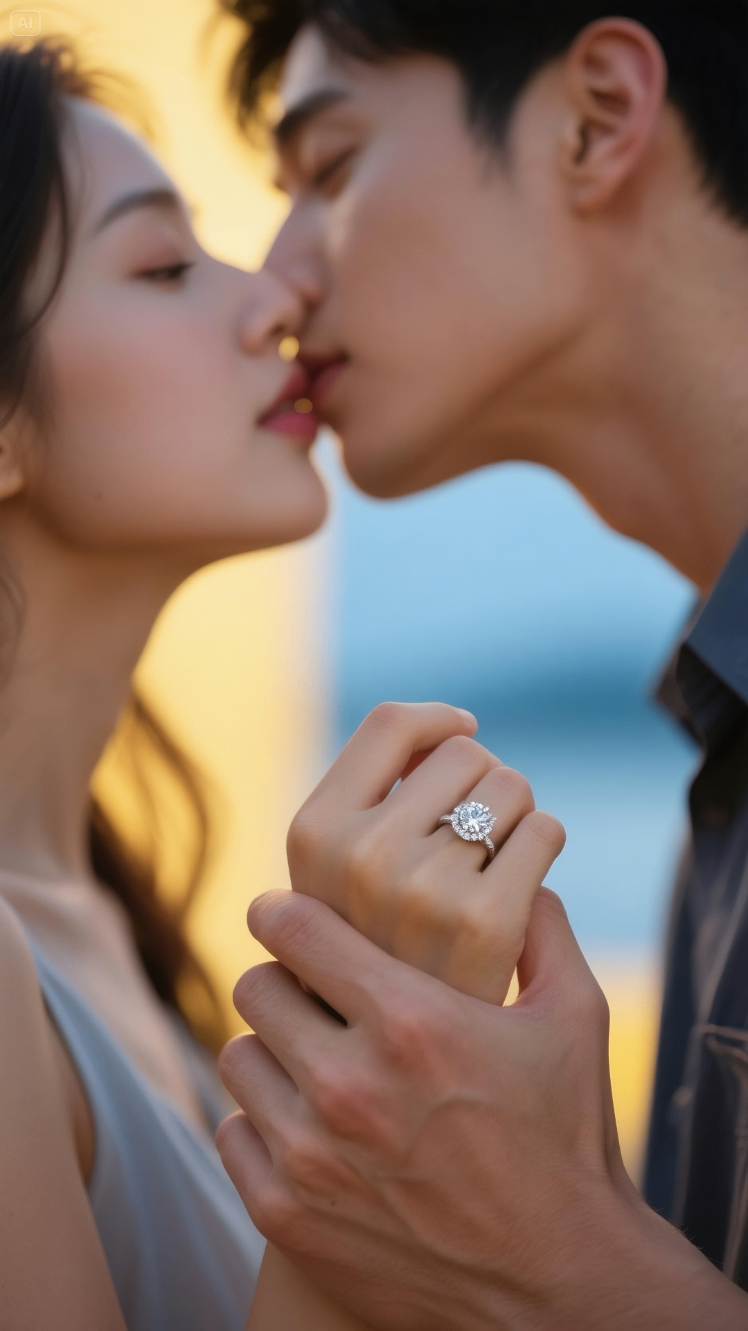 Romantic couple showing engagement ring in golden sunset light