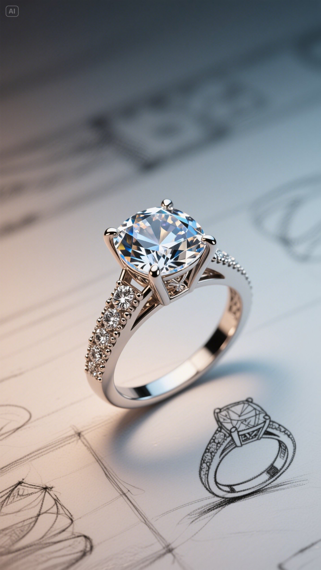 Engagement ring with design sketches showing the design process